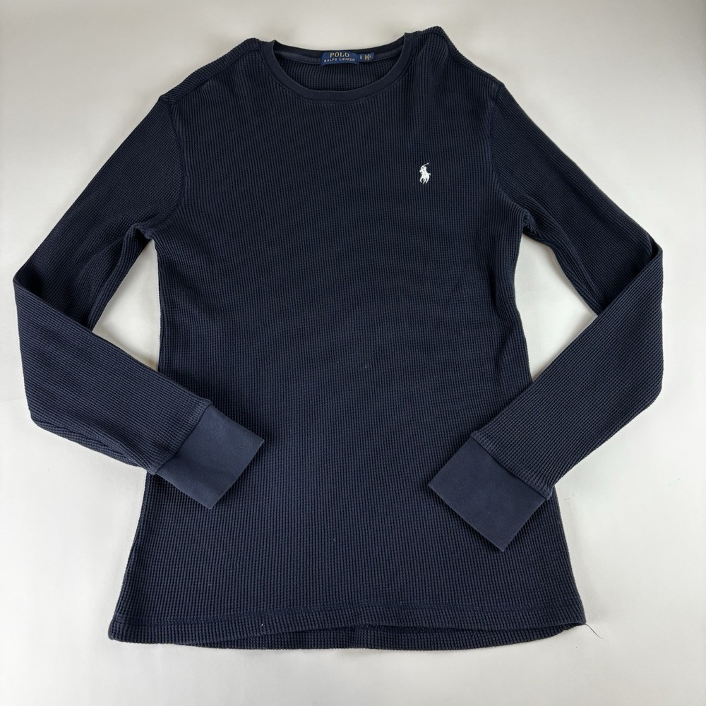Polo Ralph Lauren Shirt Mens Large Blue Solid Plain Waffle Knit Runs Long‎
